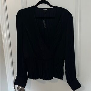 Express Black Pleated Wrap-Front Blouse